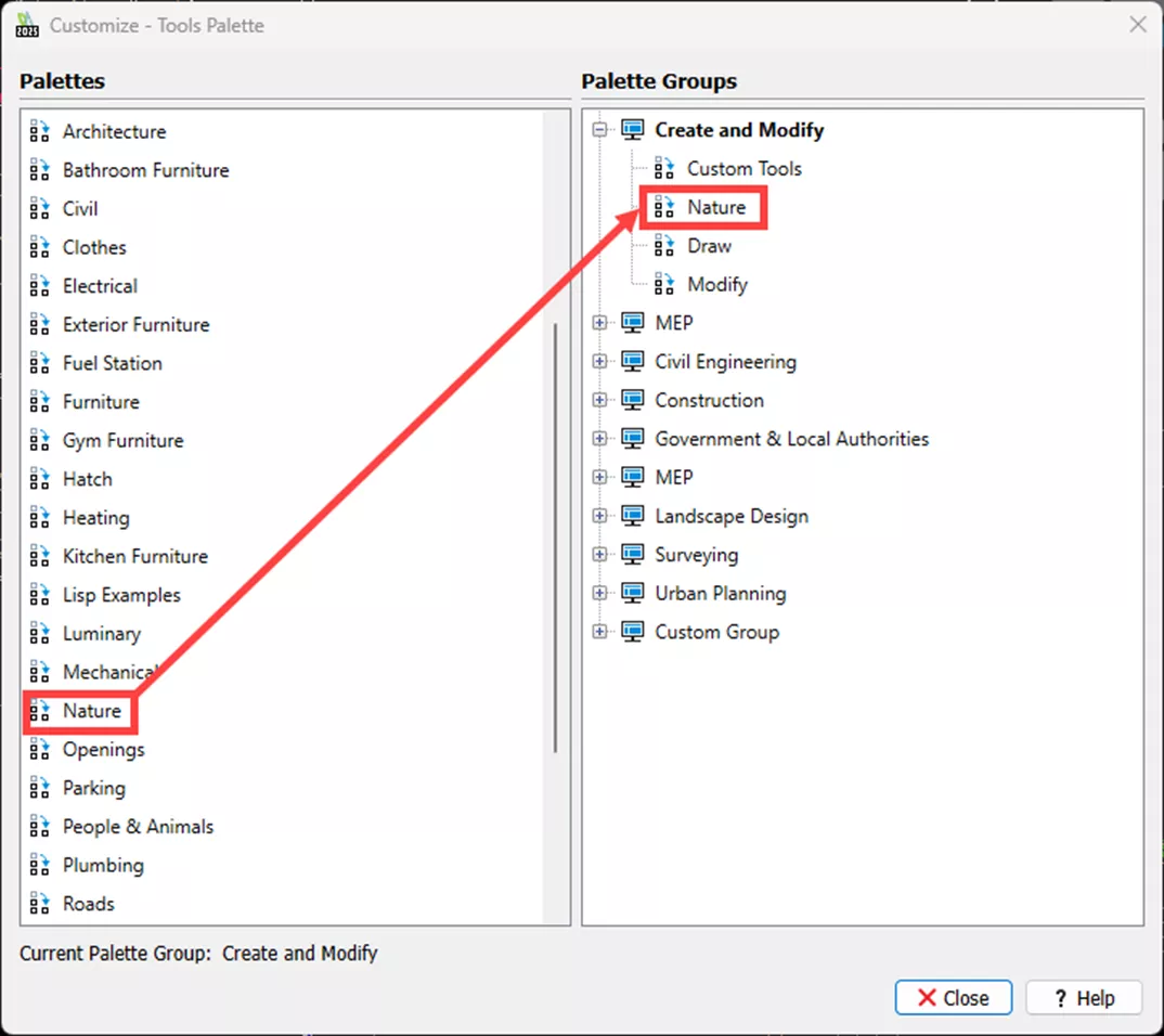 在自定义对话框中，将左侧自然景观工具选项板，拖动到右侧创建与修改组内、自定义工具选项板下方