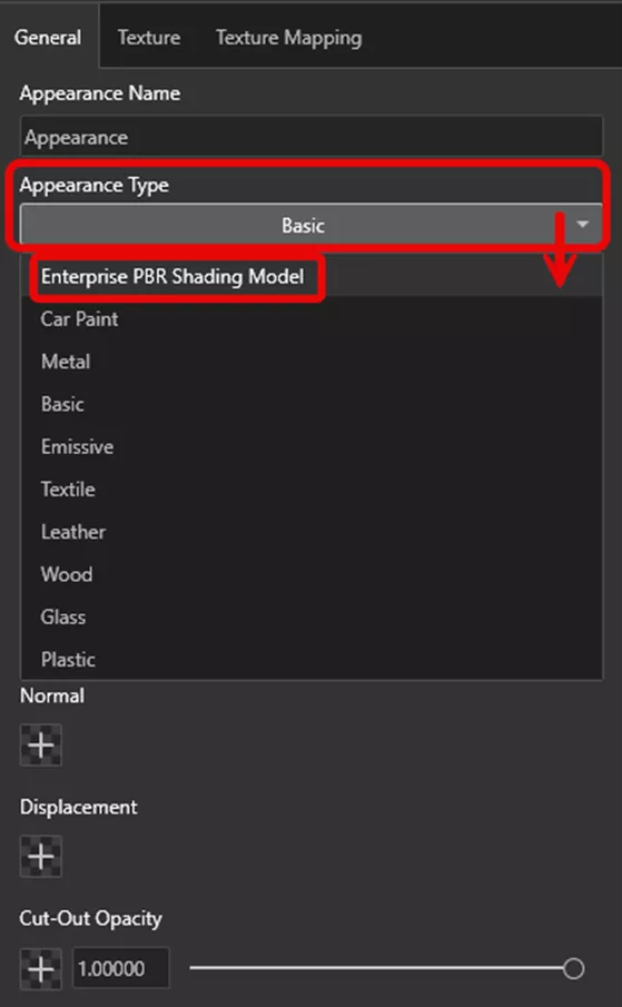 需在外观类型下拉菜单中选择 Enterprise PBR Shading Model（企业级 PBR 着色模型）。