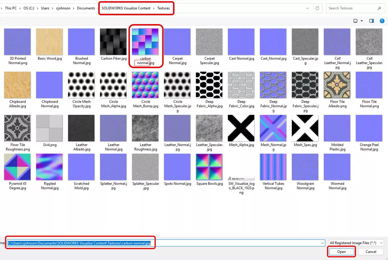 打开 SOLIDWORKS Visualize 资源文件夹 → Textures（纹理）