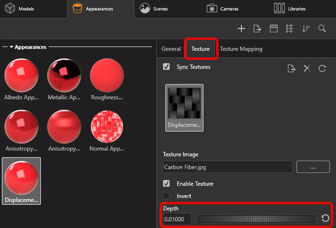 设置较小的深度值 0.01，用于展示位移参数与深度设置的效果