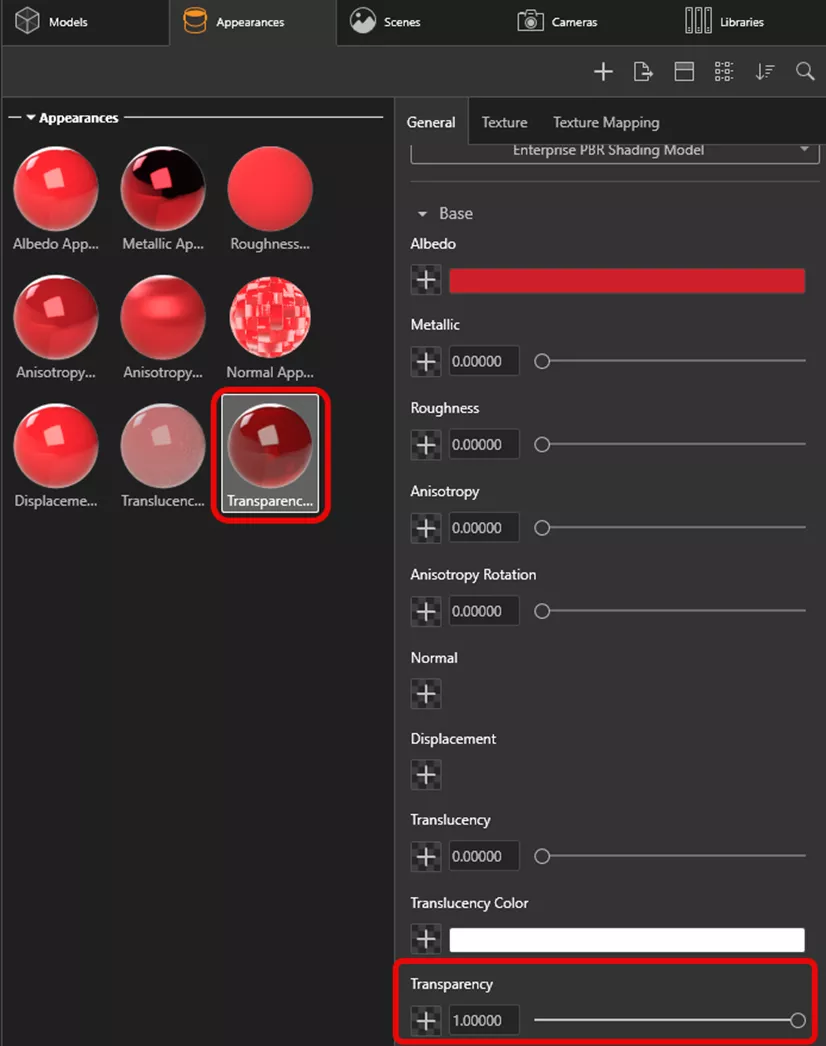 在 SOLIDWORKS Visualize 中，透明度参数控制外观的通透程度，本例结合消防车红反照率，使透明效果带有红色色调。