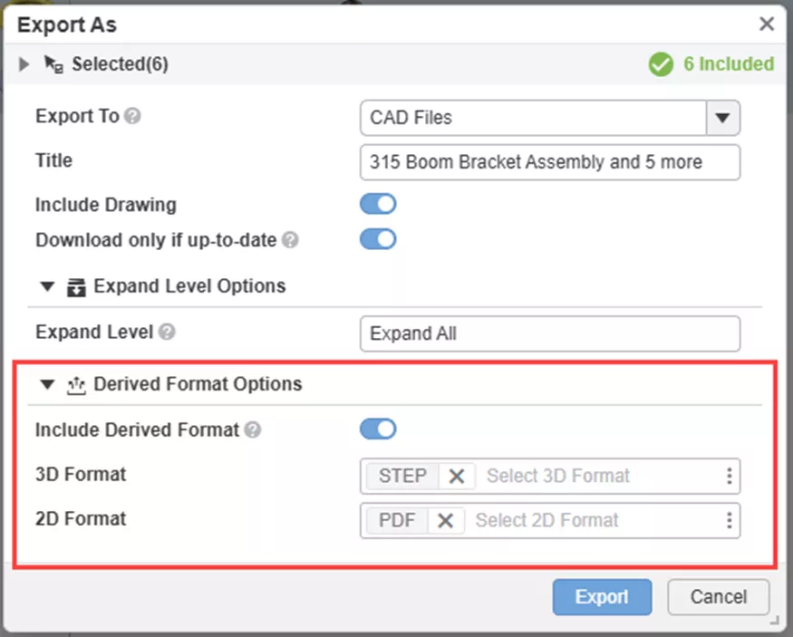 选择全部展开（Expand All），并按需设置派生格式选项（Derived Format Options），然后点击导出（Export）