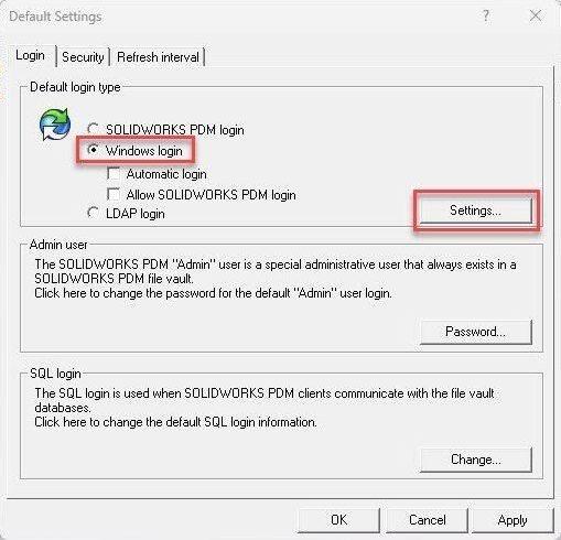 SOLIDWORKS PDM 保险库的 Windows 登录设置