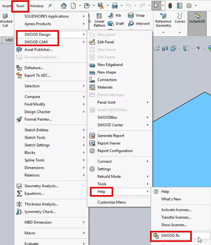 依次点击：工具 > SWOOD CAM / SWOOD 设计 > 帮助 > SWOOD Rx。