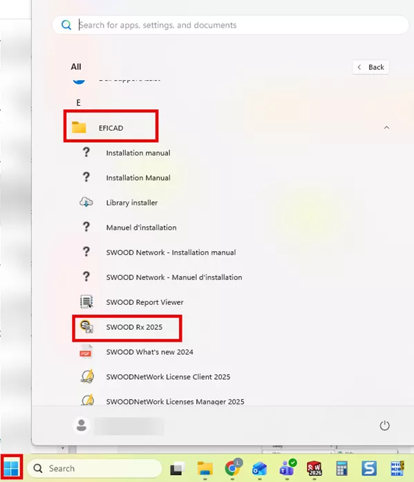 找到Eficad 文件夹，或直接在 Windows 搜索栏输入SWOOD Rx快速定位。