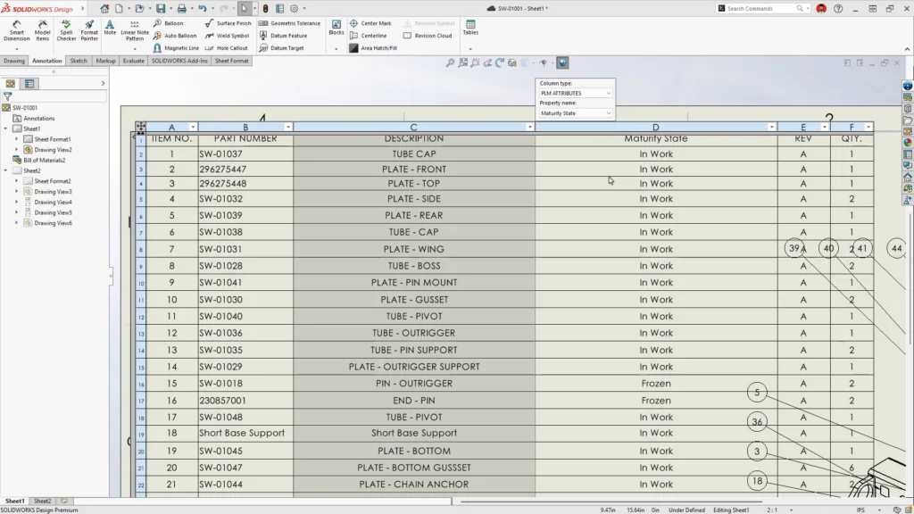 材料明细表列直接链接 PLM 属性