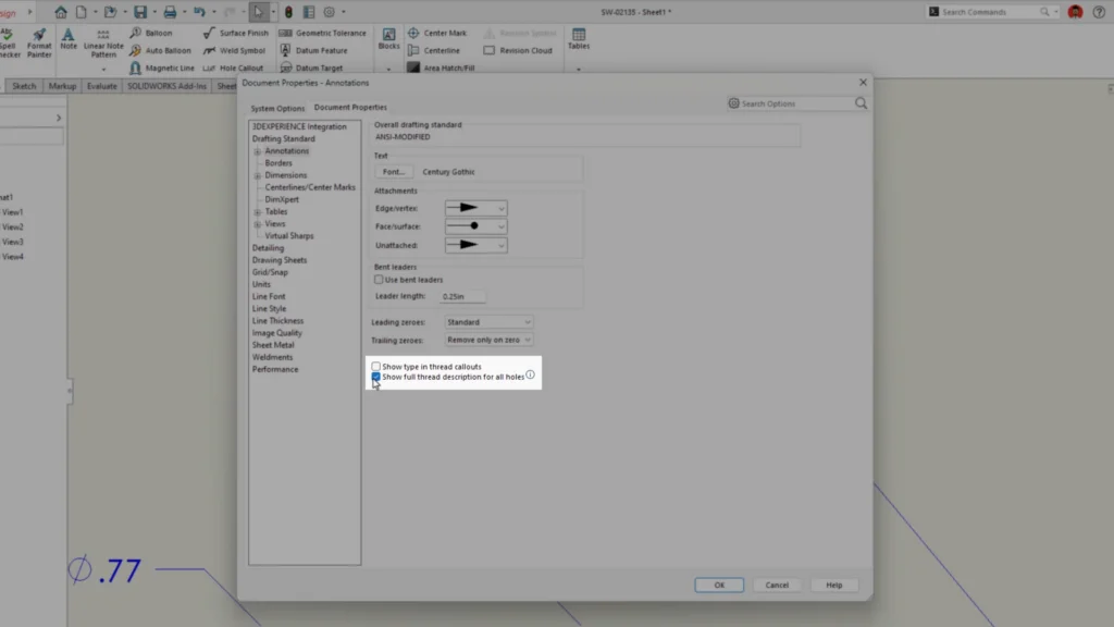 孔标注显示完整螺纹信息