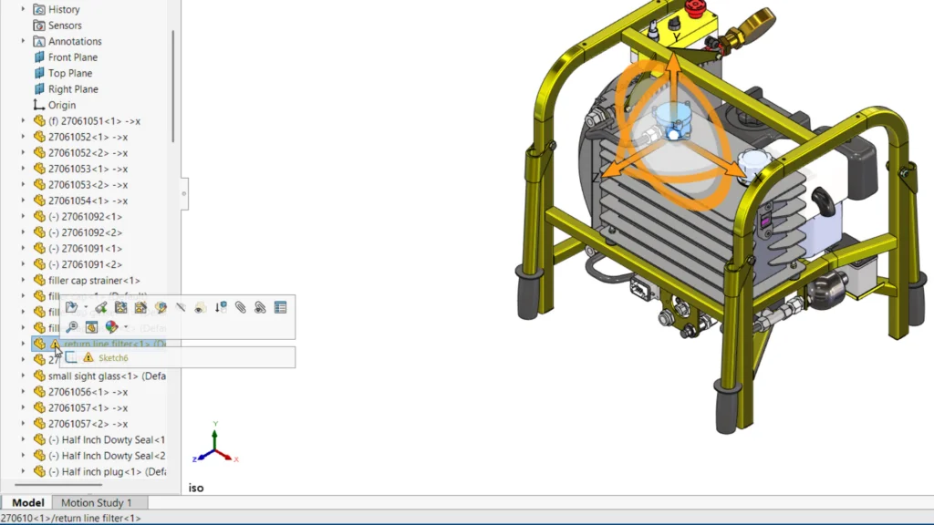 特征管理器设计树中出现警告，打开零件后发现问题 —— 草图平面被删除，导致特征丢失参考