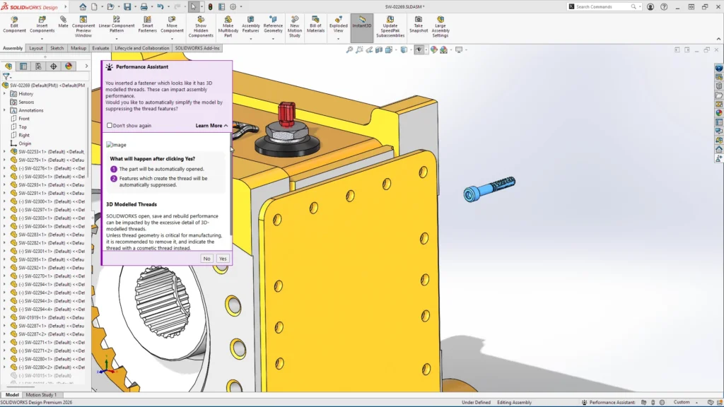 软件将更进一步：检测详细螺纹，并弹出设计指导建议简化零部件