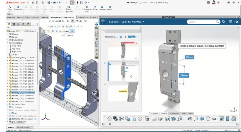 可在 SOLIDWORKS 内直接审阅现有批注，无需打开浏览器或切换上下文