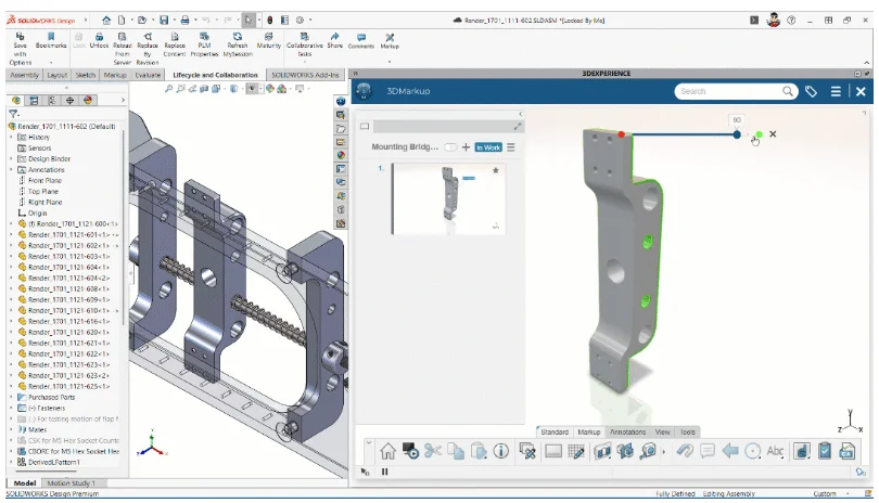 支持在 SOLIDWORKS 内直接创建 3D 批注，配合可视化对比工具，团队可快速评估变更前后差