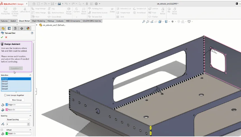 SOLIDWORKS 钣金模块的未来以设计助手为核心，帮助减少重复、繁琐的建模任务