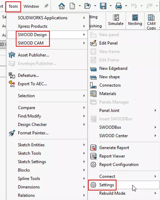 工具 > SWOOD 设计 / SWOOD 加工 > 设置