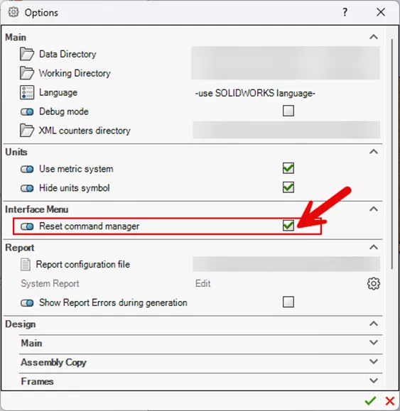 点击绿色对勾按钮确认，系统会提示你关闭并重启 SOLIDWORKS。