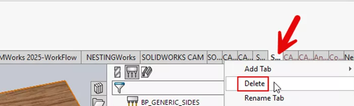 右键单击 SWOOD 相关选项卡（SWOOD 设计、SWOOD 加工），选择删除