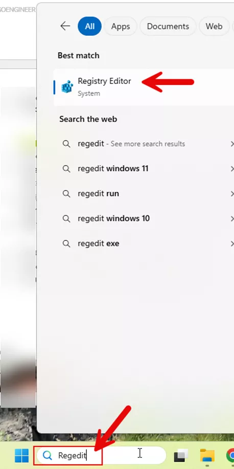 关闭 SOLIDWORKS 软件。  在 Windows 搜索栏中输入regedit，打开注册表编辑器