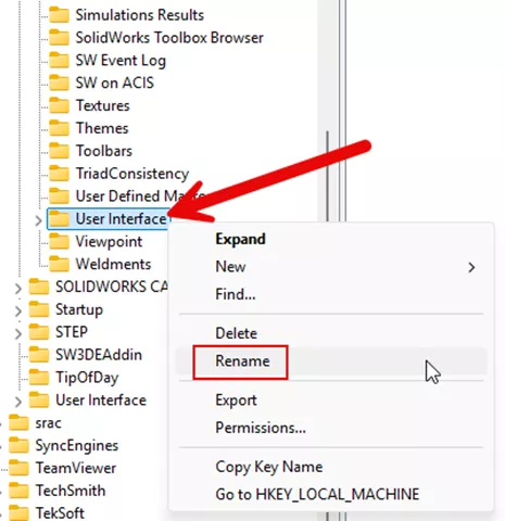 右键单击User Interface（用户界面）项，在菜单中选择重命名