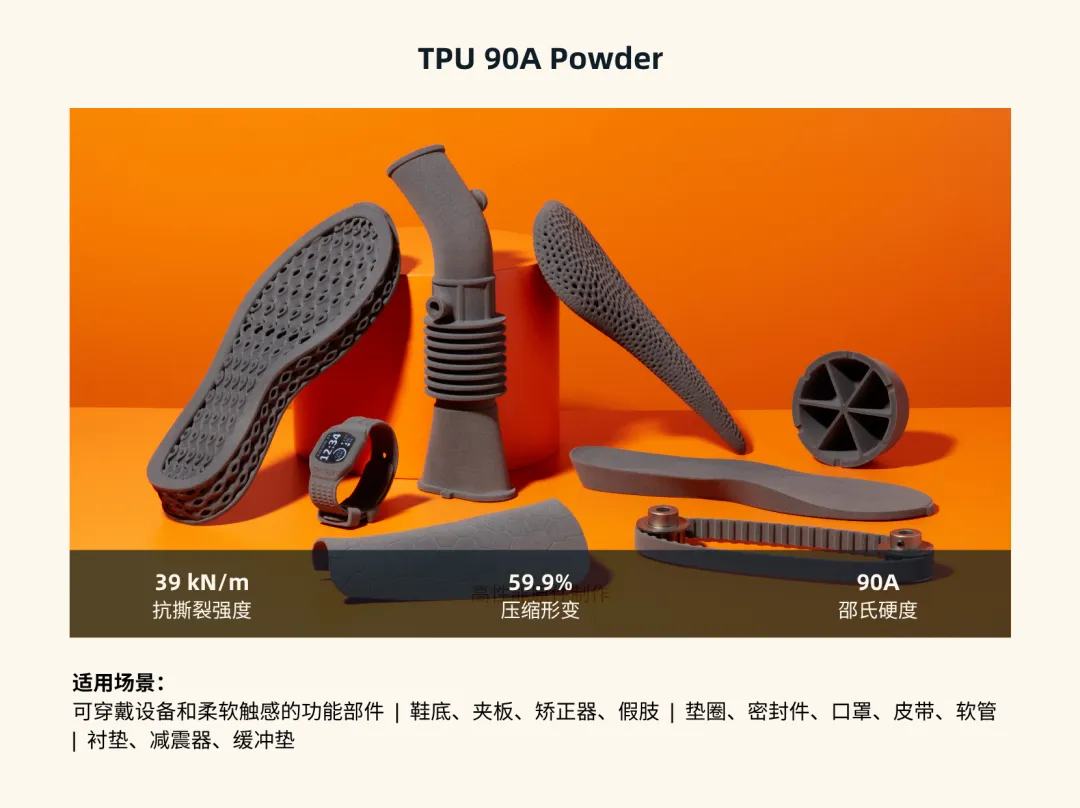 TPU 90A 是兼具高断裂伸长率和卓越的抗撕裂强度的弹性体，特别适用于制造柔性、富有弹性和对皮肤安全友好的原型及最终件。