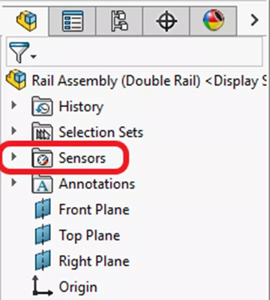 在特征管理器设计树中右键单击传感器文件夹，然后选择添加传感器即可
