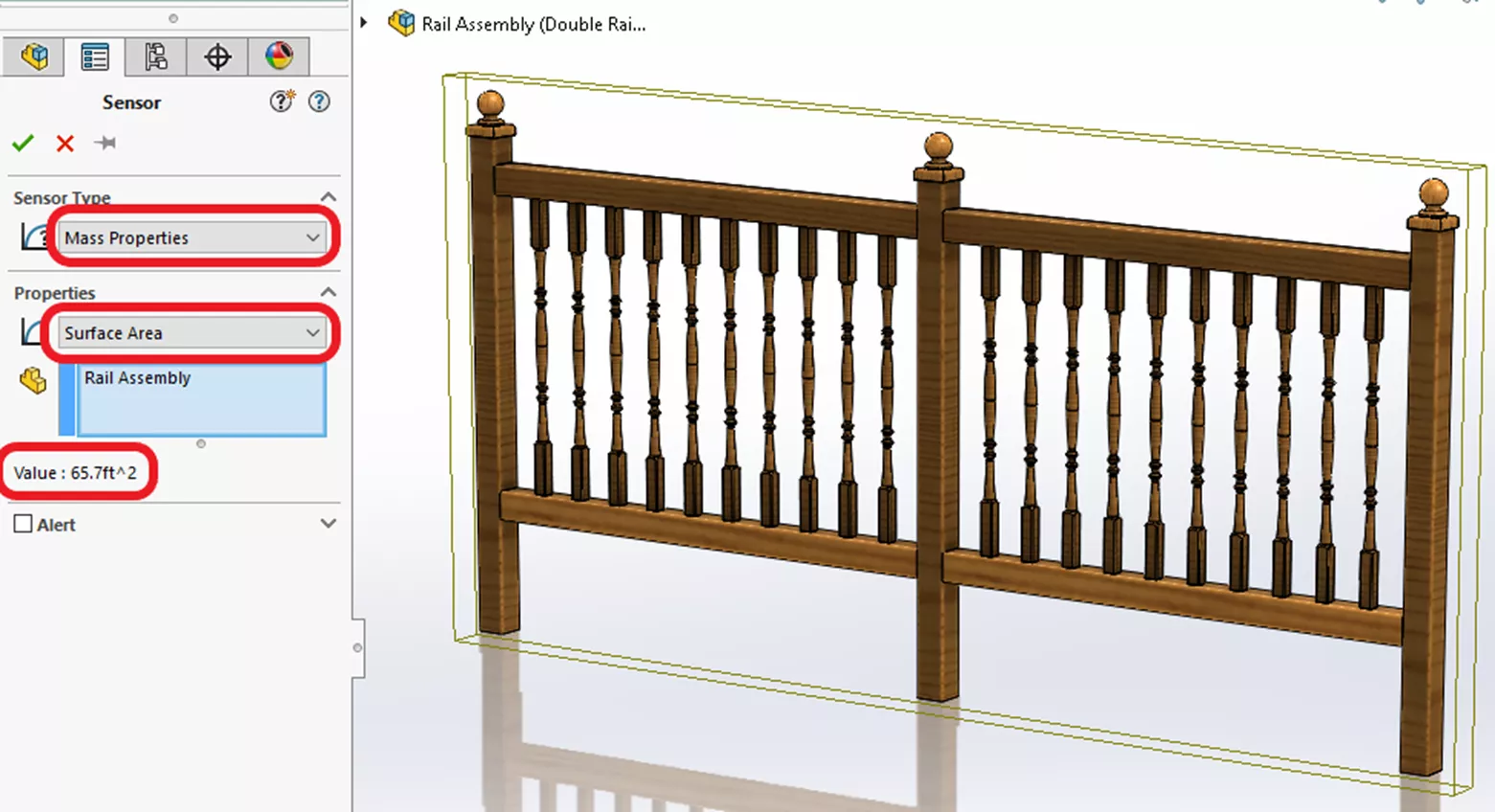 我最初选择质量属性作为传感器类型，并从属性下拉菜单中选择表面积选项。你可以立刻看到测得的数值约为 65.7 平方英尺