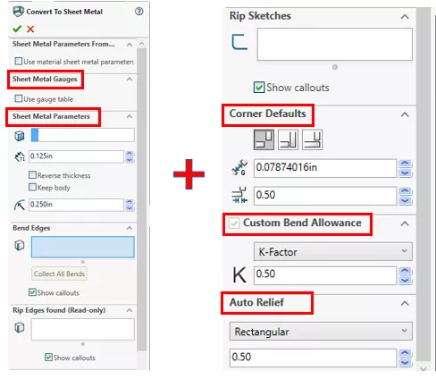 你需要设置相关参数（可选用规格表，或手动填写厚度与折弯半径），还可按需设置默认拐角类型、折弯系数与自动释放槽选项