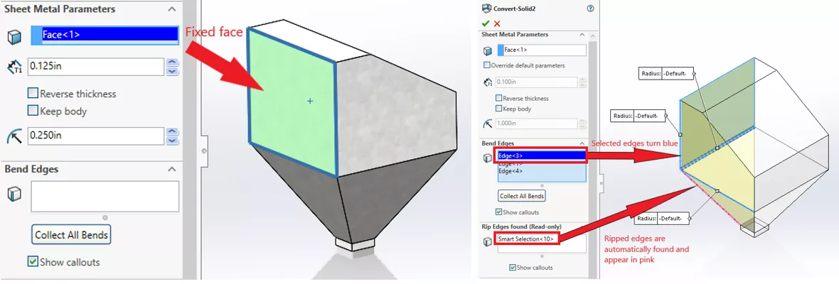 选择固定面，以及需要转化为折弯的边线