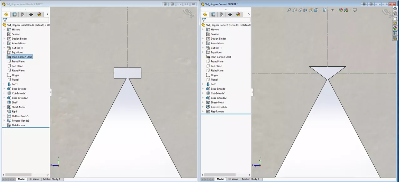 插入折弯方法生成的是矩形释放槽切口，而转换为钣金方法生成的是三角形释放槽切口，除此之外，二者完全一致