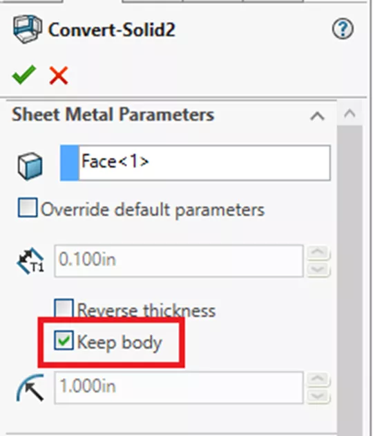 该选项位于 “转换为钣金” 命令的钣金参数窗口中，可在生成钣金特征后保留原始实体模型。