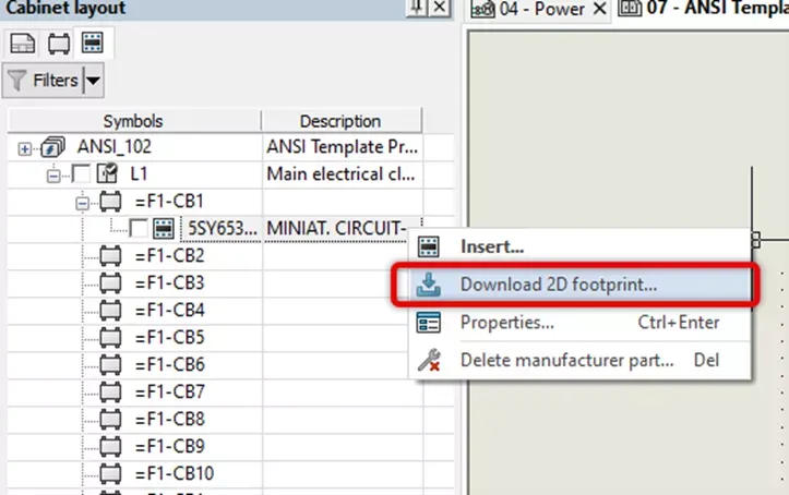 右键单击目标厂商零部件,选择 Download 2D footprint(下载 2D 轮廓) 右键单击目标厂商零部件,选择 Download 2D footprint(下载 2D 轮廓)