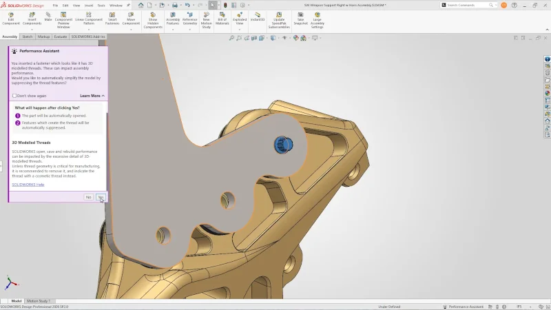 紧固件赋值时获取性能助手指导 —— 自动压缩 3D 螺纹以提升装配体性能