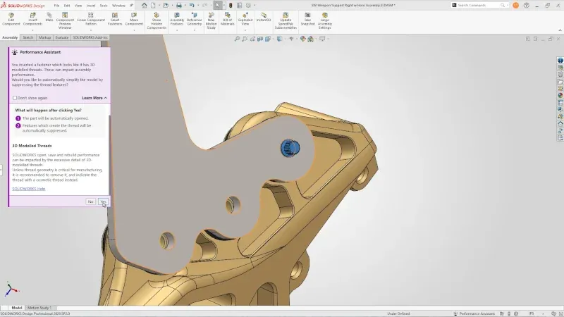 紧固件赋值时获取性能助手指导 —— 自动压缩 3D 螺纹以提升装配体性能 紧固件赋值时获取性能助手指导 —— 自动压缩 3D 螺纹以提升装配体性能