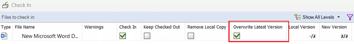 勾选该选项并完成检入后，新数据会直接替换当前最新版本的数据，不会创建新版本