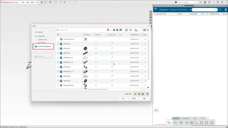 内容资源管理器现已集成至 SOLIDWORKS Design 打开对话框