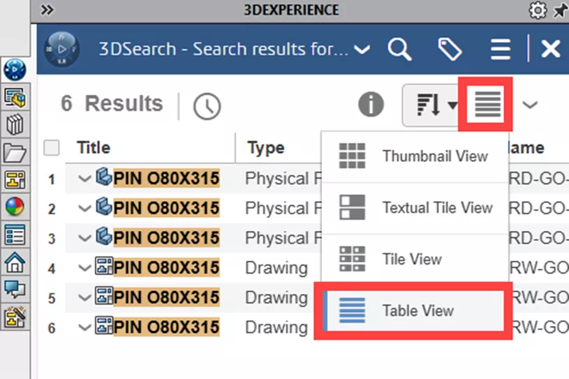 SOLIDWORKS 端操作  先将搜索结果切换至表格视图