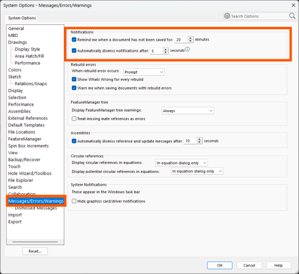 SOLIDWORKS 设置用于控制 2022 年的保存通知
