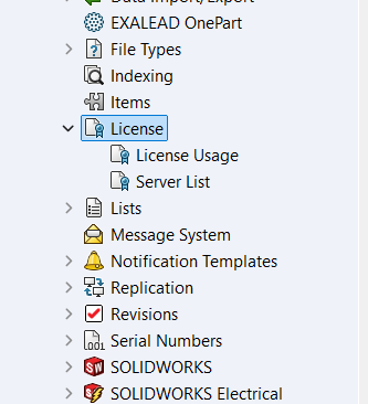 SOLIDWORKS PDM 管理工具中的许可选项 SOLIDWORKS PDM 管理工具中的许可选项