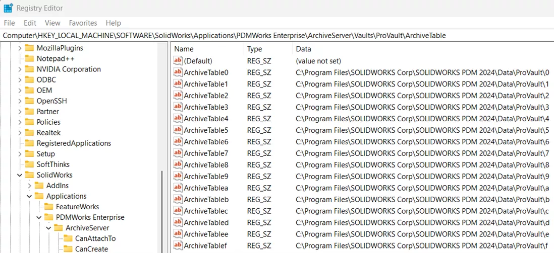 SOLIDWORKS PDM 手动调整档案库容量的注册表编辑器界面 SOLIDWORKS PDM 手动调整档案库容量的注册表编辑器界面
