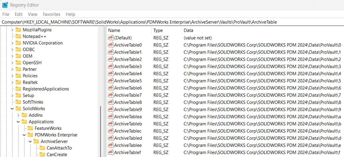 SOLIDWORKS PDM 手动调整档案库容量的注册表编辑器界面