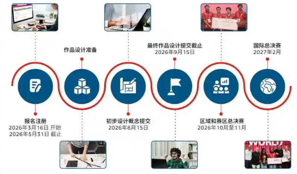 2026年3月16-5月31日截止报名 - 8月15提交概念设计 - 9月15最终作品提交截止 - 10-11月区域总决赛 - 2027年2月国际总决赛 2026年3月16-5月31日截止报名 - 8月15提交概念设计 - 9月15最终作品提交截止 - 10-11月区域总决赛 - 2027年2月国际总决赛