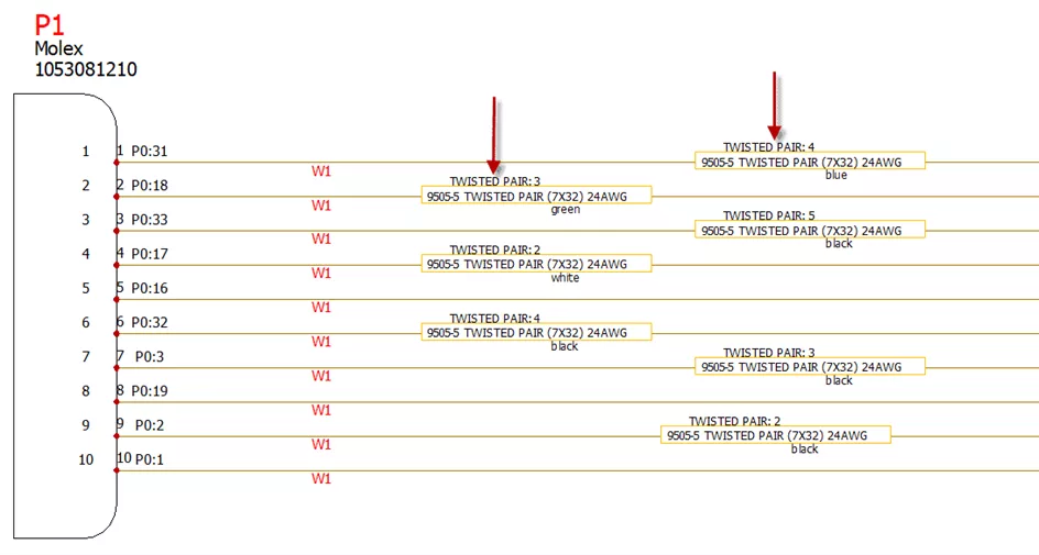 标注格式如 “TWISTED PAIR: 2”“TWISTED PAIR: 3” 等，同时显示线缆型号、线规、颜色等关键信息，确保现场接线与识图清晰无误