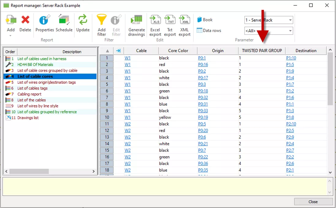 SOLIDWORKS Electrical 报表管理器中，可直接生成双绞线组专用报表，完整输出所有双绞线的分组信息