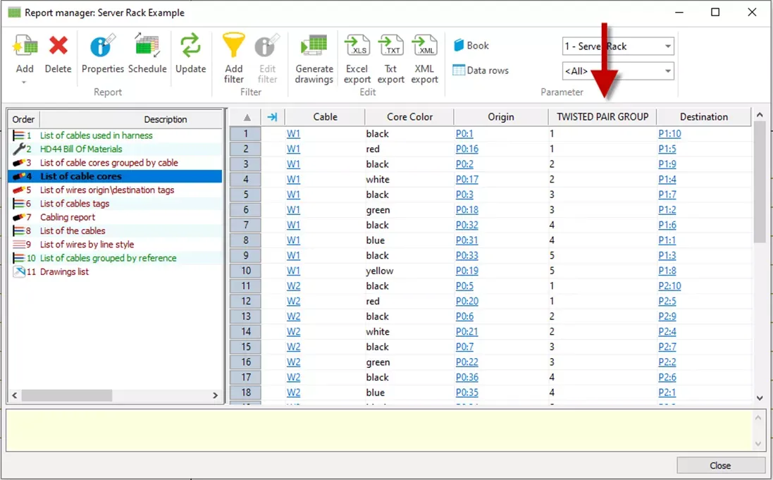 SOLIDWORKS Electrical 报表管理器中,可直接生成双绞线组专用报表,完整输出所有双绞线的分组信息 SOLIDWORKS Electrical 报表管理器中,可直接生成双绞线组专用报表,完整输出所有双绞线的分组信息
