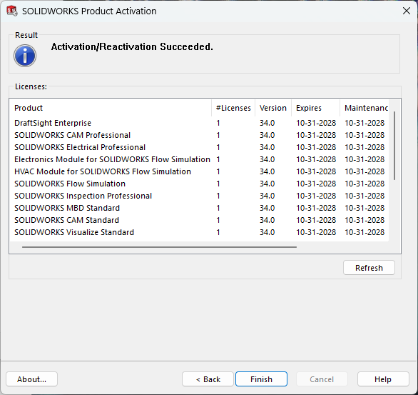 手动 SOLIDWORKS 许可证激活完成