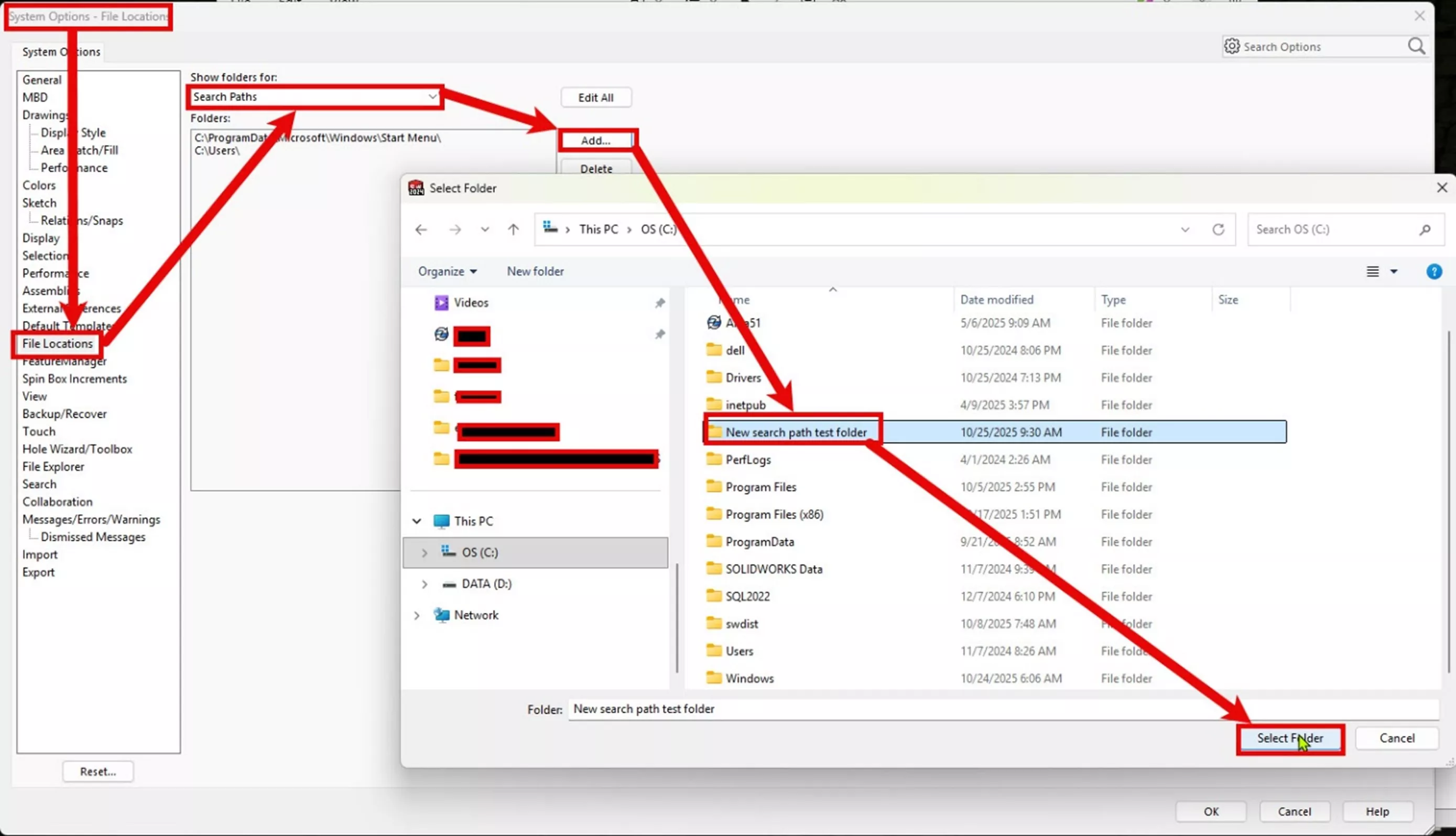 SOLIDWORKS 中搜索路径的添加与移除