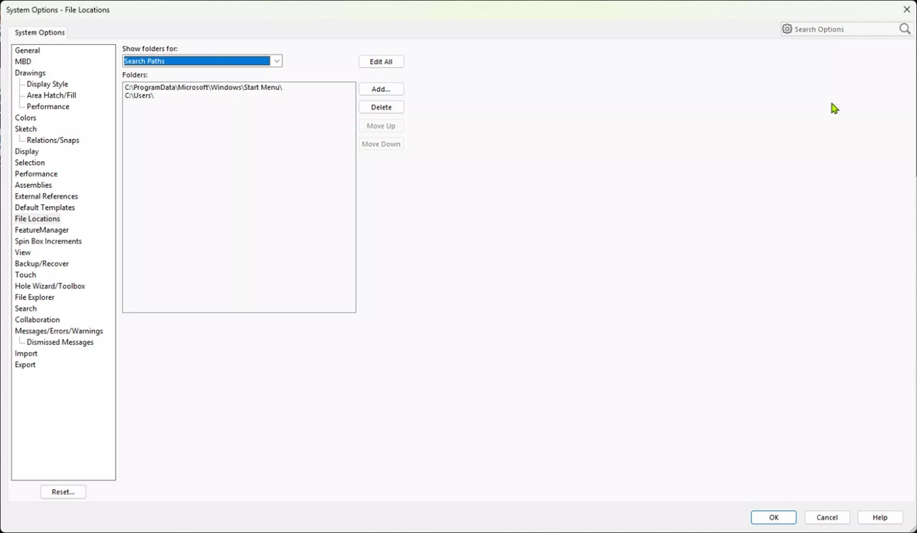 返回 SOLIDWORKS 的系统选项 > 文件位置界面