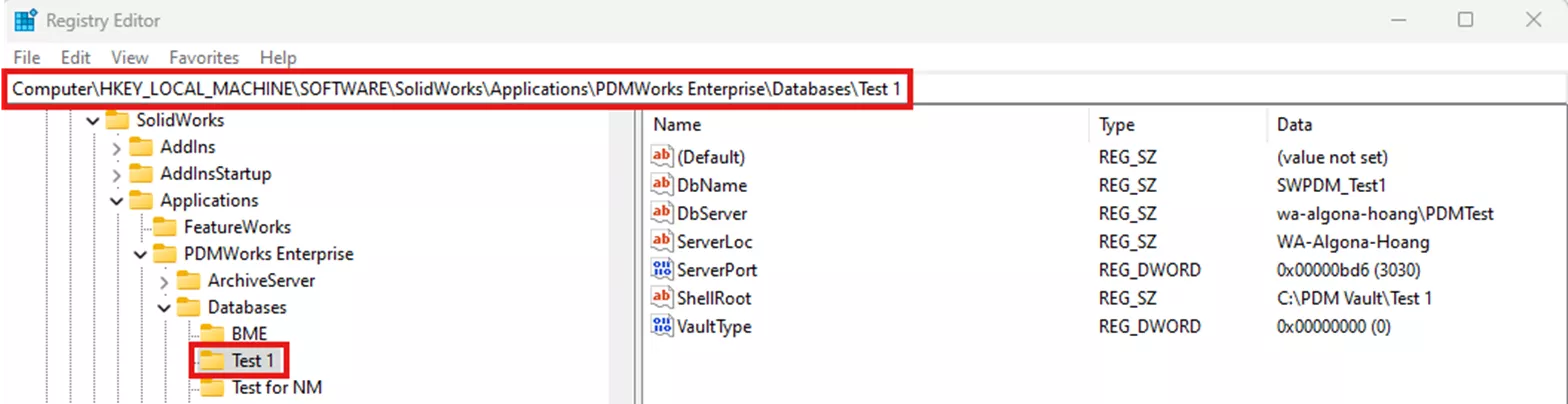 HKEY_CURRENT_USER\Software\SolidWorks\Applications\PDMWorks Enterprise\Vaults\[库名称]