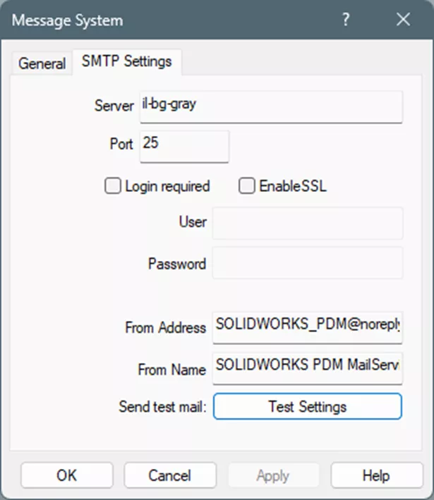 SOLIDWORKS PDM 通知 SMTP 设置选项卡界面