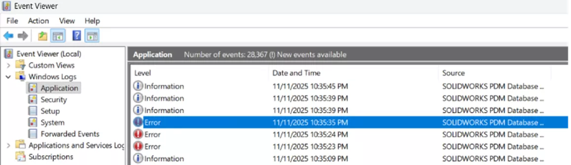 SOLIDWORKS PDM 通知故障排查 —— 事件查看器报错页面