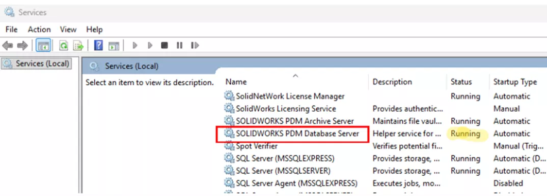 打开 Windows 服务查看 SOLIDWORKS PDM 数据库服务器服务