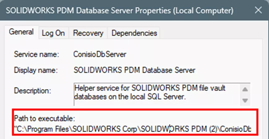 SOLIDWORKS PDM 数据库服务器属性，可执行文件路径位置